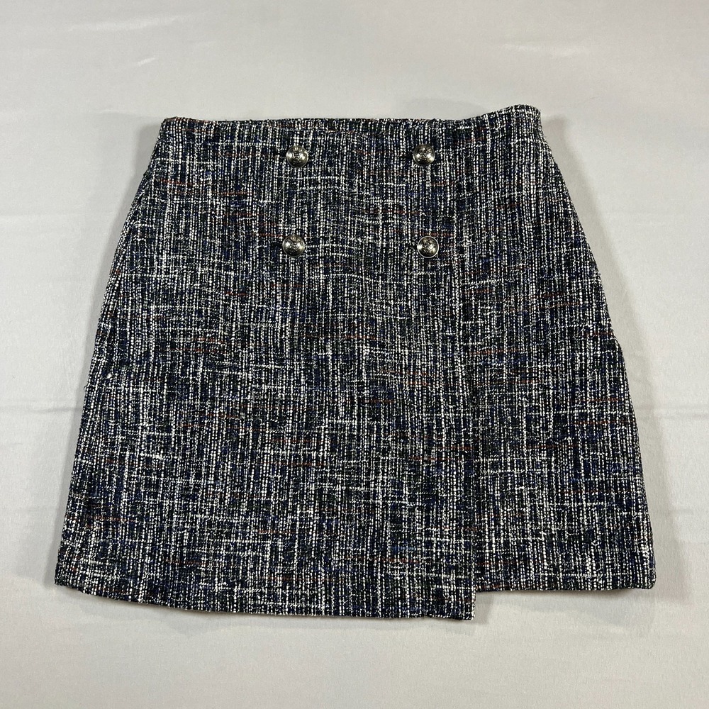 Loft Mini Wrap Skirt Womens 6 Multicolor Tweed Metallic Button Front Office Wear
